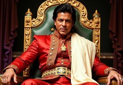 Bollywood actor Shah Rukh Khan sitting on an ornate golden throne wearing a royal red sherwani costume.